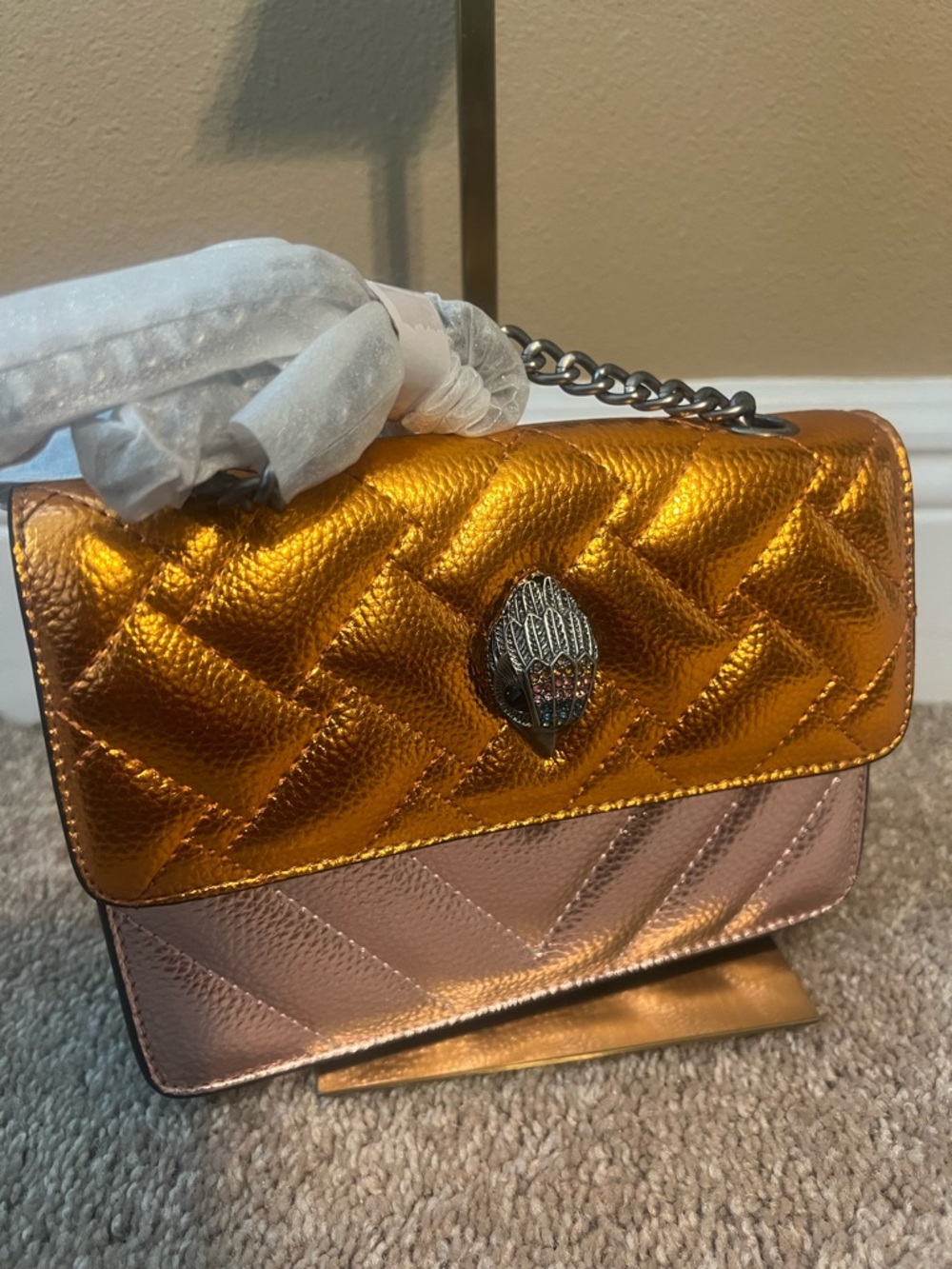 Kurt Geiger Metallic Gold and Rose Quilted Leather Crossbody Bag - Picture 10 of 10